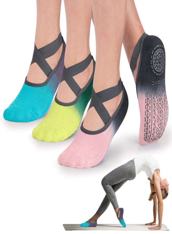 Ozaiic Pilates Socks for Women Non Slip Grip, Yoga Socks with Grippers for Barre, Hospital, Ballet, Dance, Barefoot Workout (3 Pairs- Pink/Yellow/Blue, one_size) - Image 1